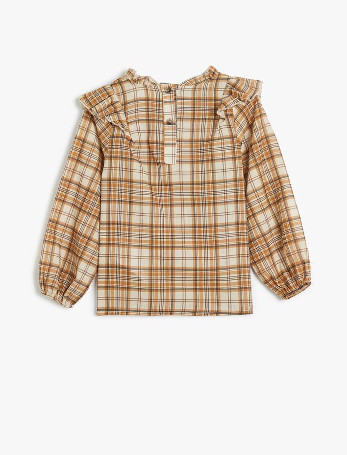 Kız Çocuk Yuvarlak Yaka Gömlek Fırfır Detaylı Uzun Kollu Pamuklu