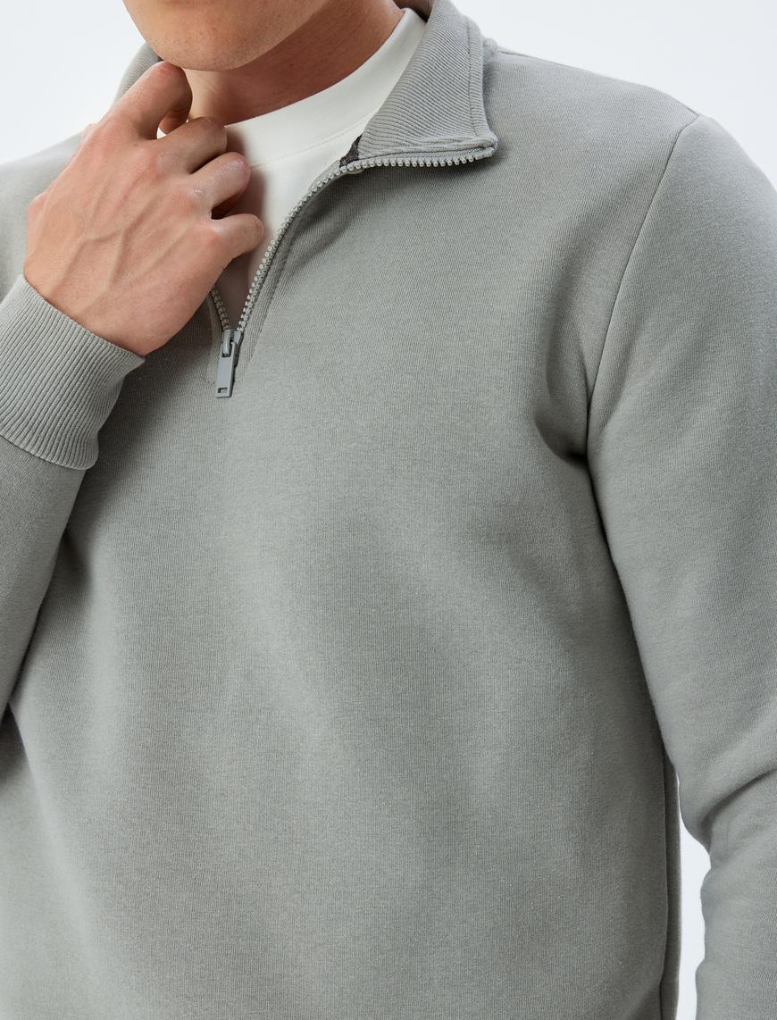   Yarım Fermuarlı Yaka Basic Şardonlu Pamuk Karışımlı Uzun Kollu Sweatshirt