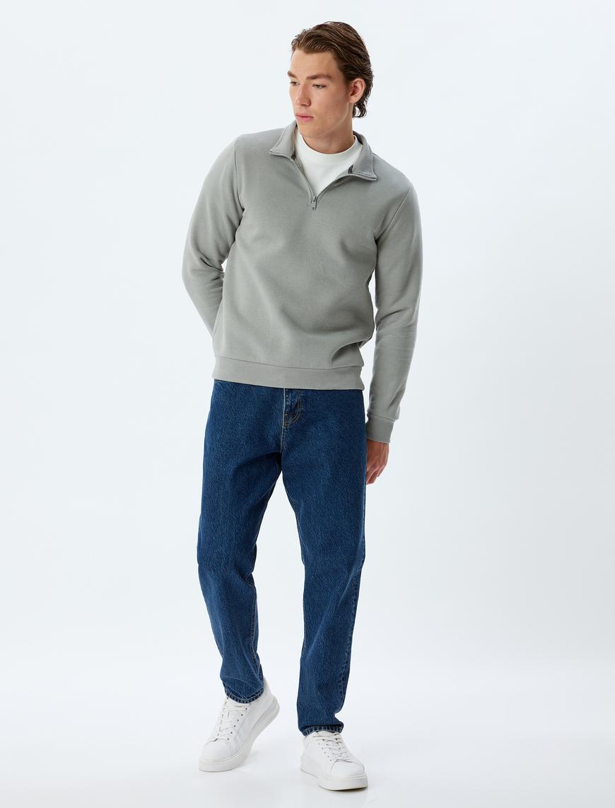   Yarım Fermuarlı Yaka Basic Şardonlu Pamuk Karışımlı Uzun Kollu Sweatshirt