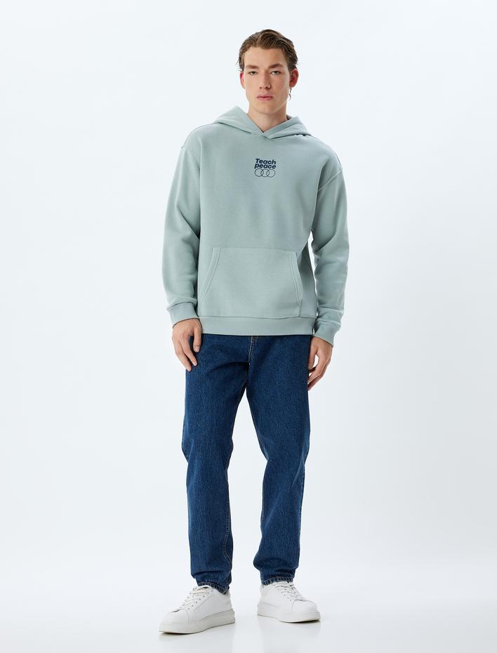  Kapşonlu Sweatshirt Oversize Slogan Baskılı Basic Kanguru Cep Detaylı Şardonlu Pamuk Karışımlı