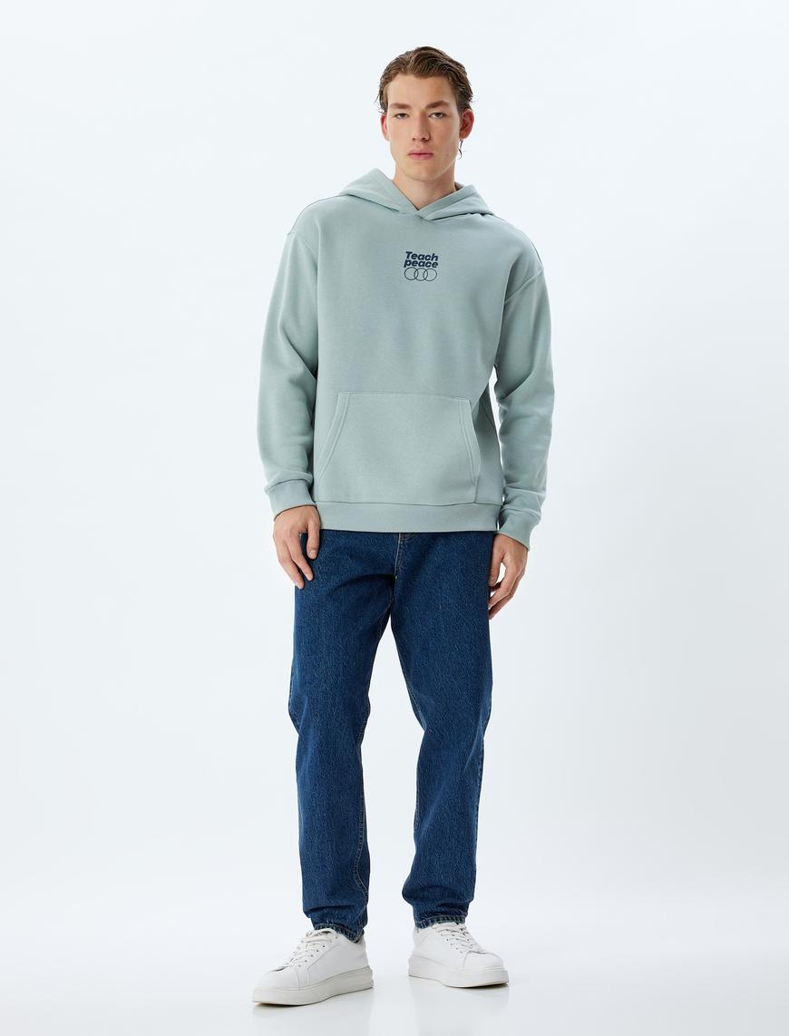   Kapşonlu Sweatshirt Oversize Slogan Baskılı Basic Kanguru Cep Detaylı Şardonlu Pamuk Karışımlı