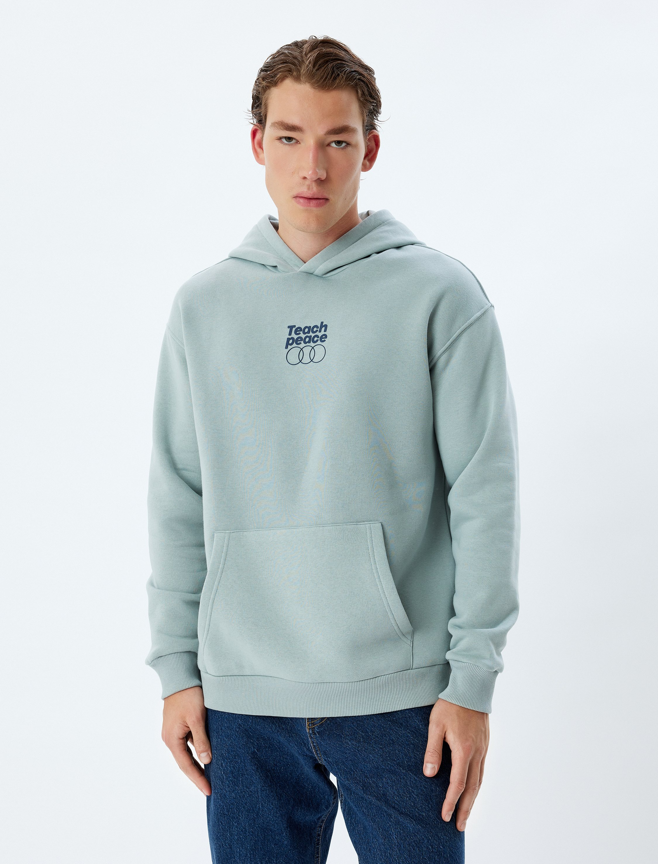   Kapşonlu Sweatshirt Oversize Slogan Baskılı Basic Kanguru Cep Detaylı Şardonlu Pamuk Karışımlı