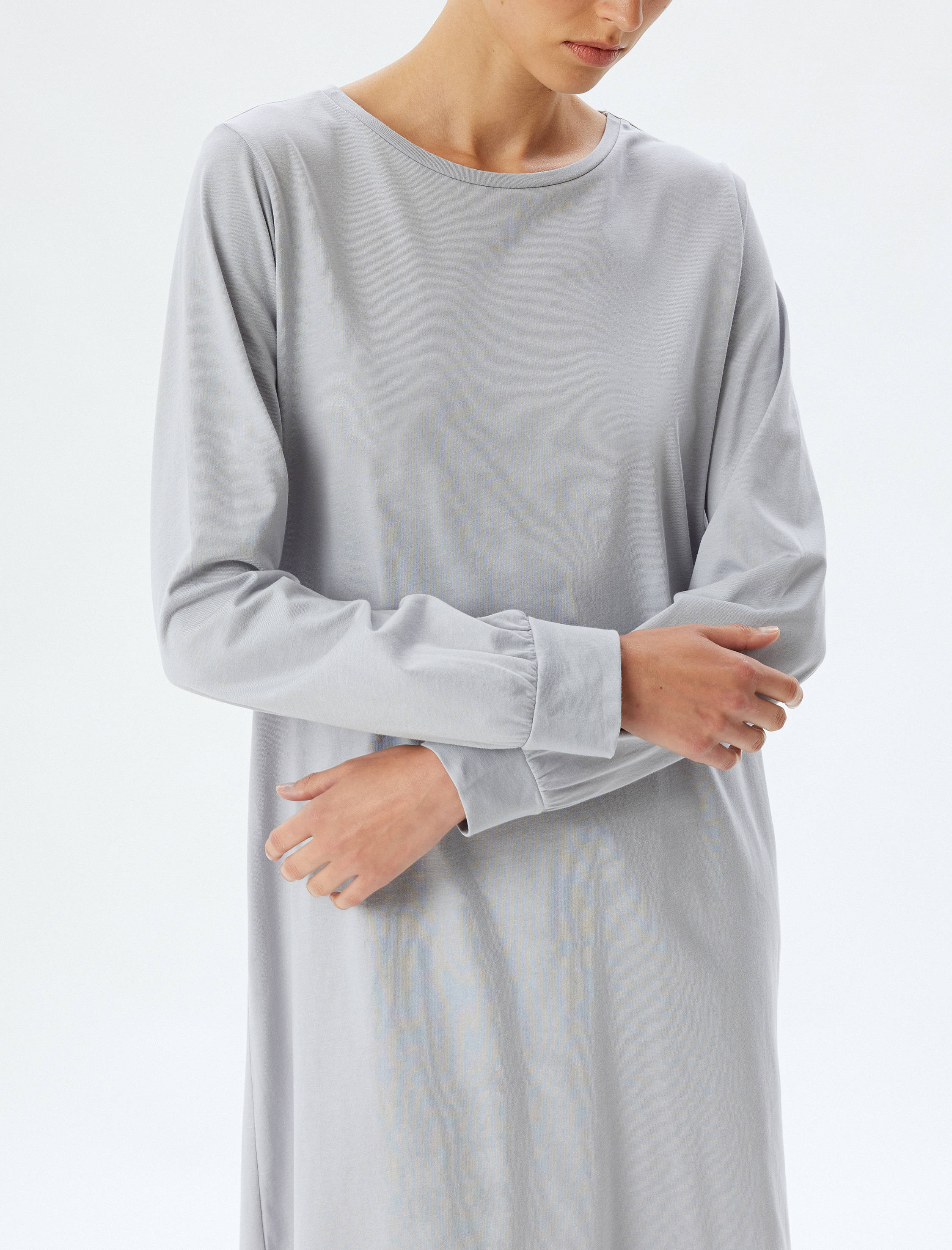 Mini Elbise Manşetli Uzun Kollu Yuvarlak Yaka Pamuklu