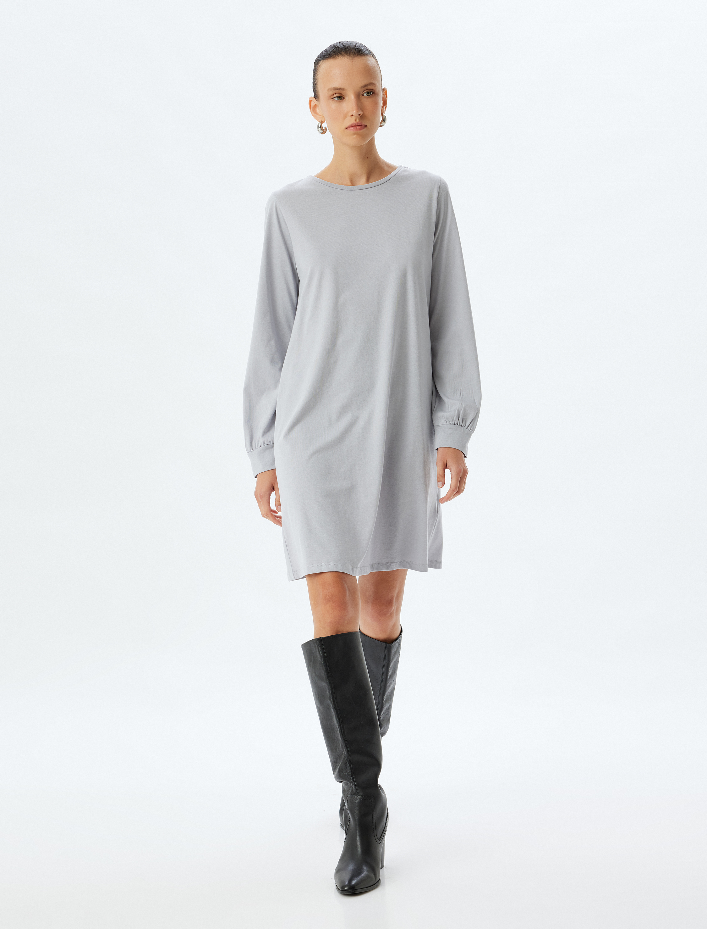 Mini Elbise Manşetli Uzun Kollu Yuvarlak Yaka Pamuklu