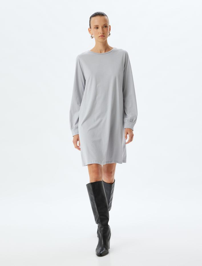  Mini Elbise Manşetli Uzun Kollu Yuvarlak Yaka Pamuklu