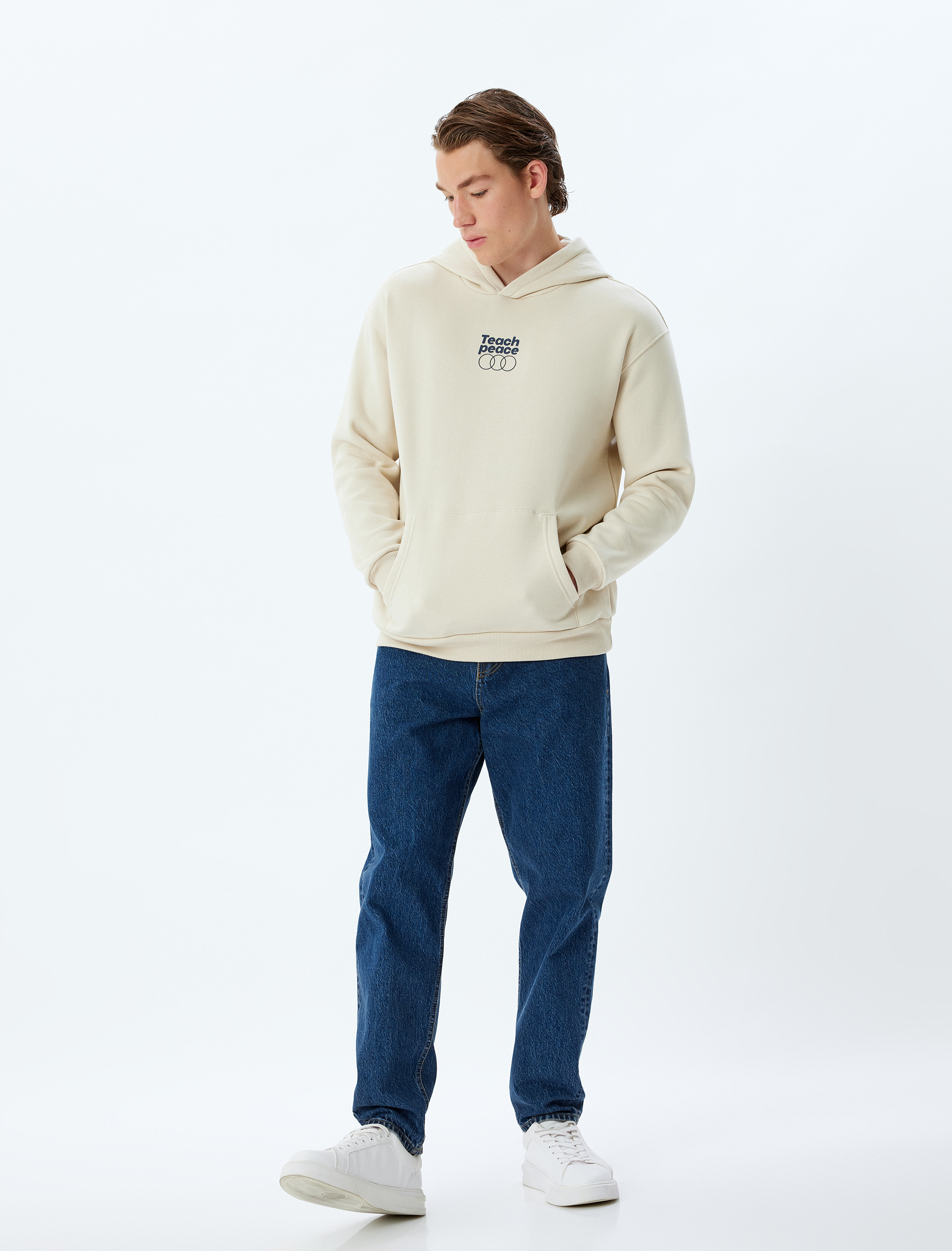   Kapşonlu Sweatshirt Oversize Slogan Baskılı Basic Kanguru Cep Detaylı Şardonlu Pamuk Karışımlı