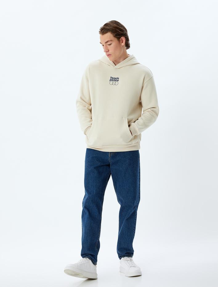  Kapşonlu Sweatshirt Oversize Slogan Baskılı Basic Kanguru Cep Detaylı Şardonlu Pamuk Karışımlı