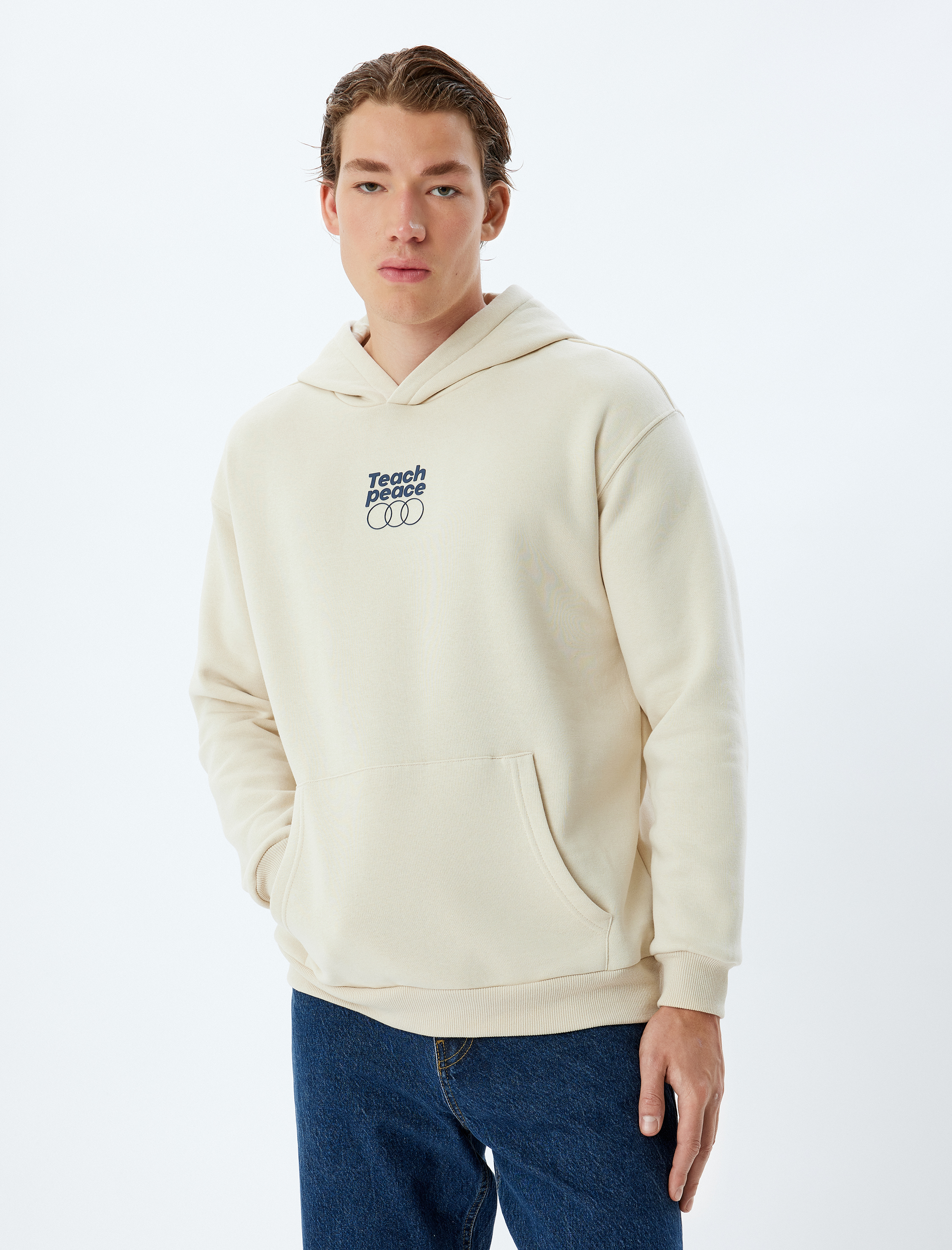   Kapşonlu Sweatshirt Oversize Slogan Baskılı Basic Kanguru Cep Detaylı Şardonlu Pamuk Karışımlı