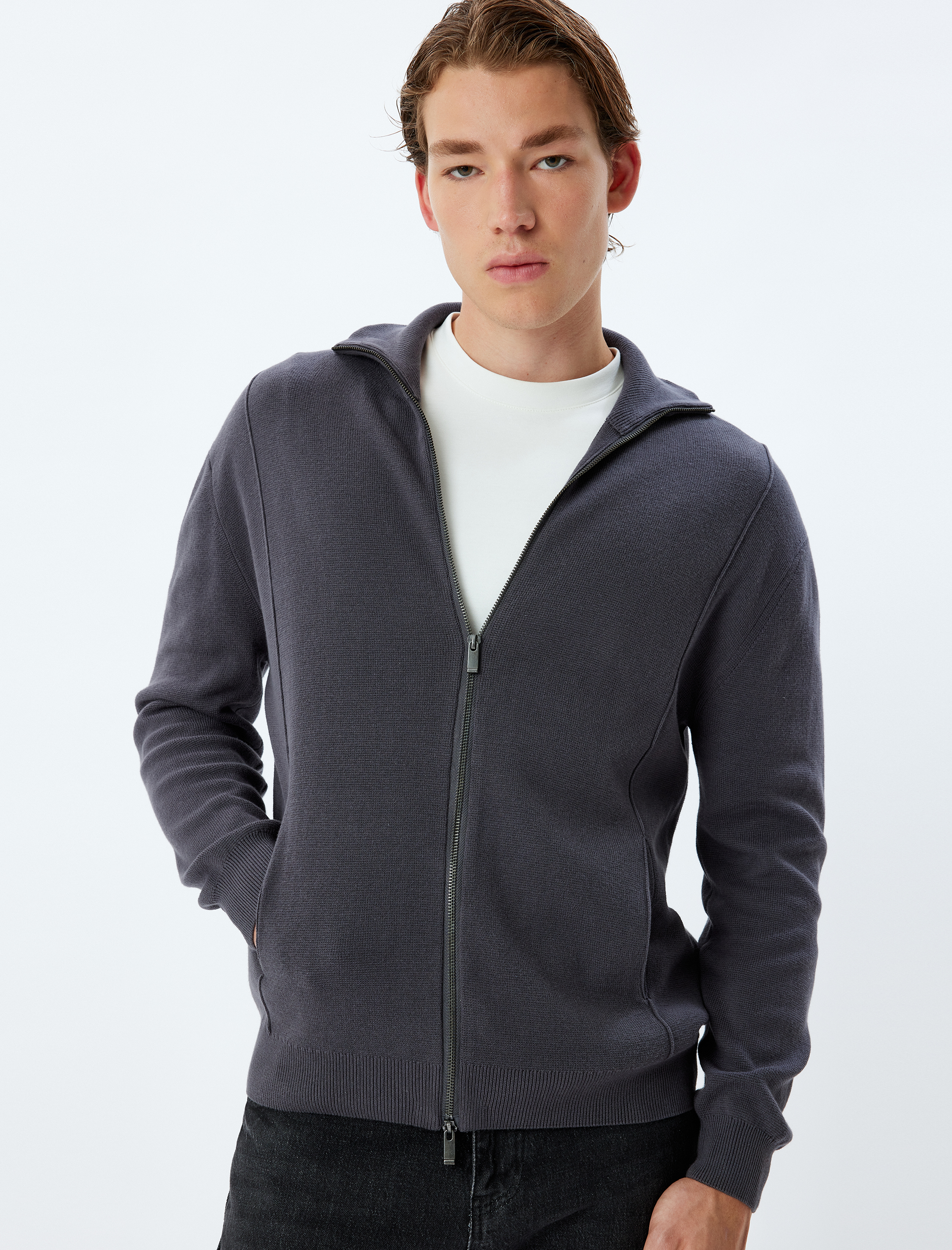   Triko Hırka Fermuarlı Cep Detaylı Basic Pamuklu