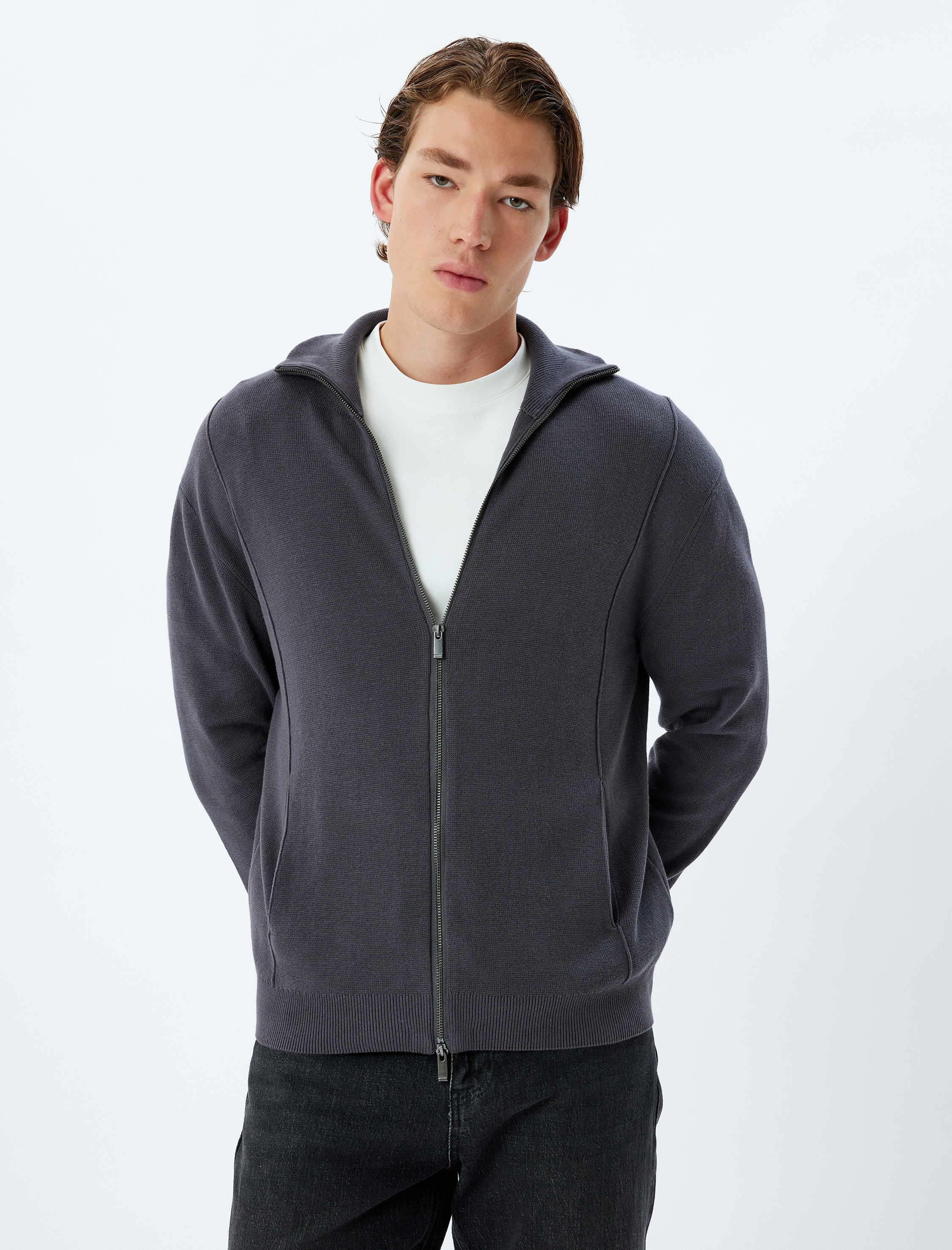   Triko Hırka Fermuarlı Cep Detaylı Basic Pamuklu