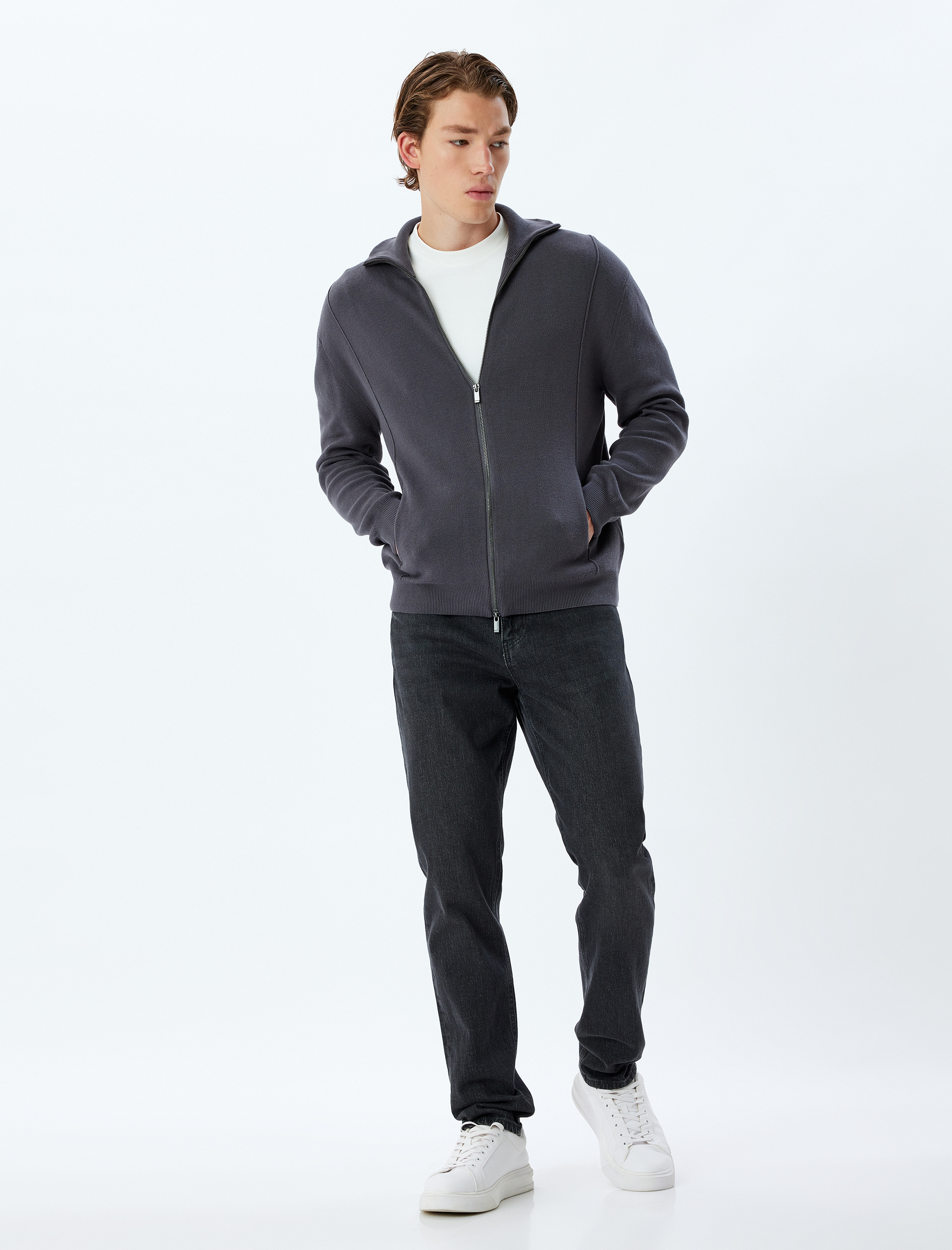   Triko Hırka Fermuarlı Cep Detaylı Basic Pamuklu