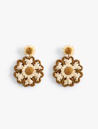 Çiçekli Hasır Küpe Boncuk Detaylı Sallantılı Büyük Boy