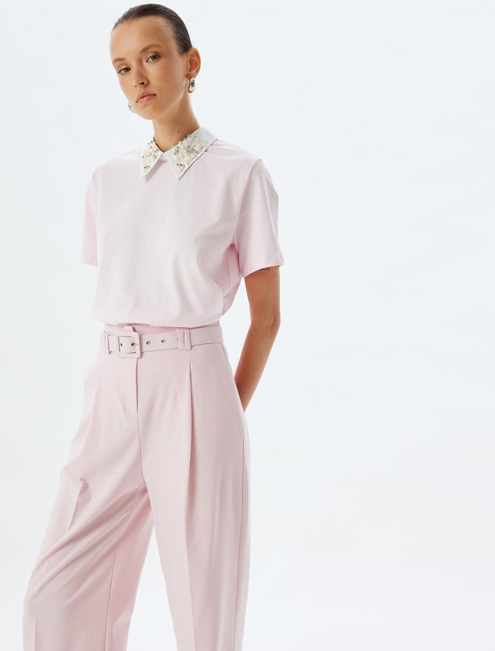  Taşlı Gömlek Yaka Tişört Kısa Kollu Pamuklu