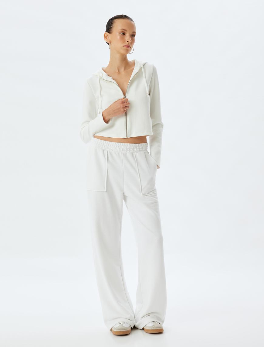   Viskon Basic Fermuarlı Kapüşonlu Crop Sweatshirt