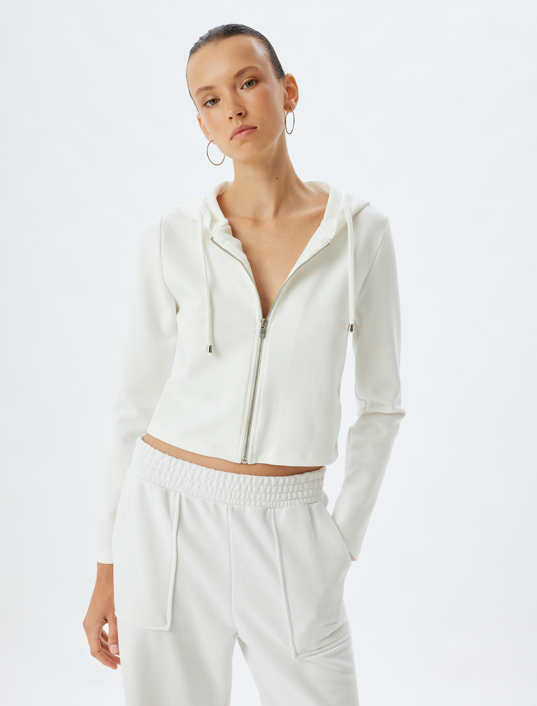   Viskon Basic Fermuarlı Kapüşonlu Crop Sweatshirt