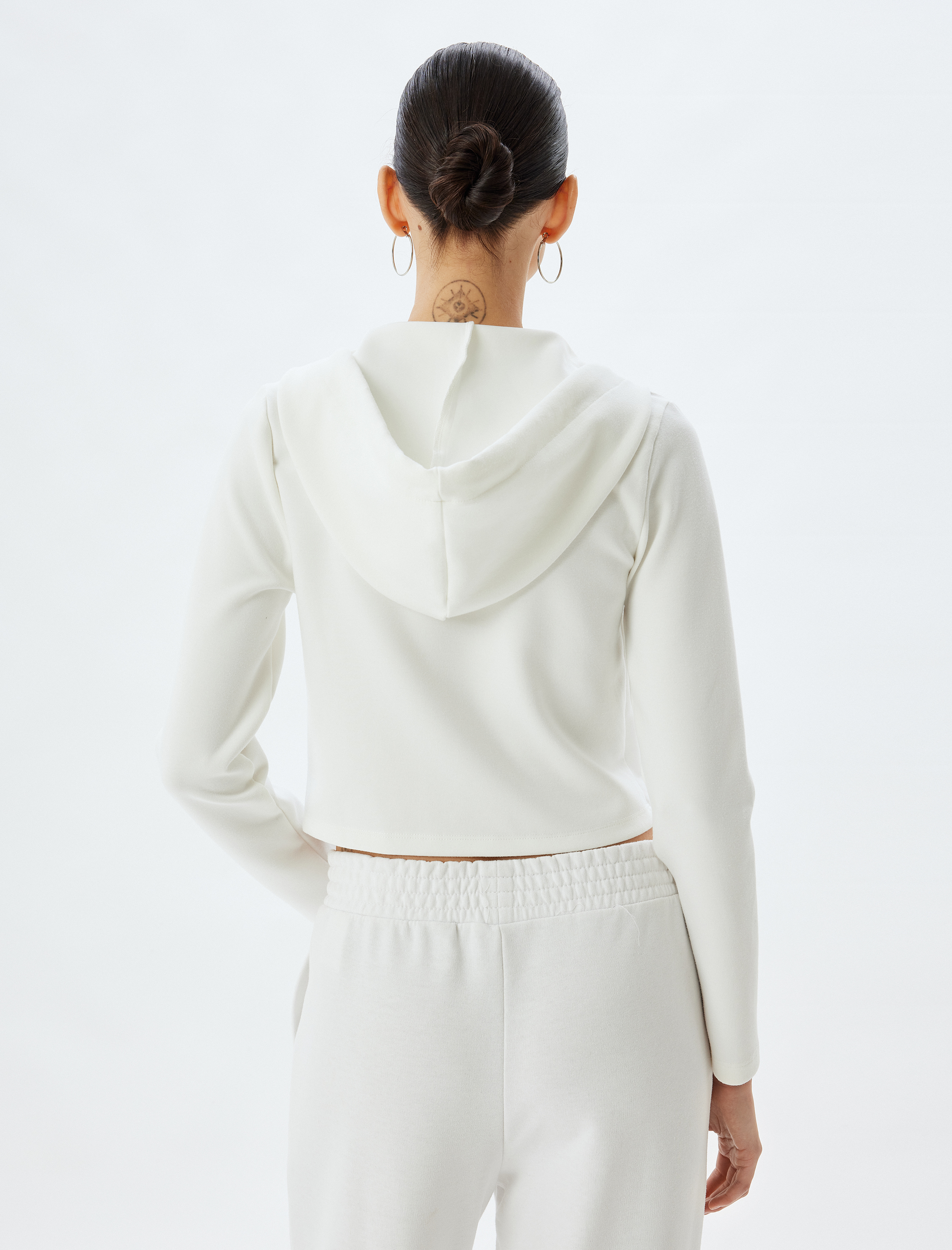   Viskon Basic Fermuarlı Kapüşonlu Crop Sweatshirt