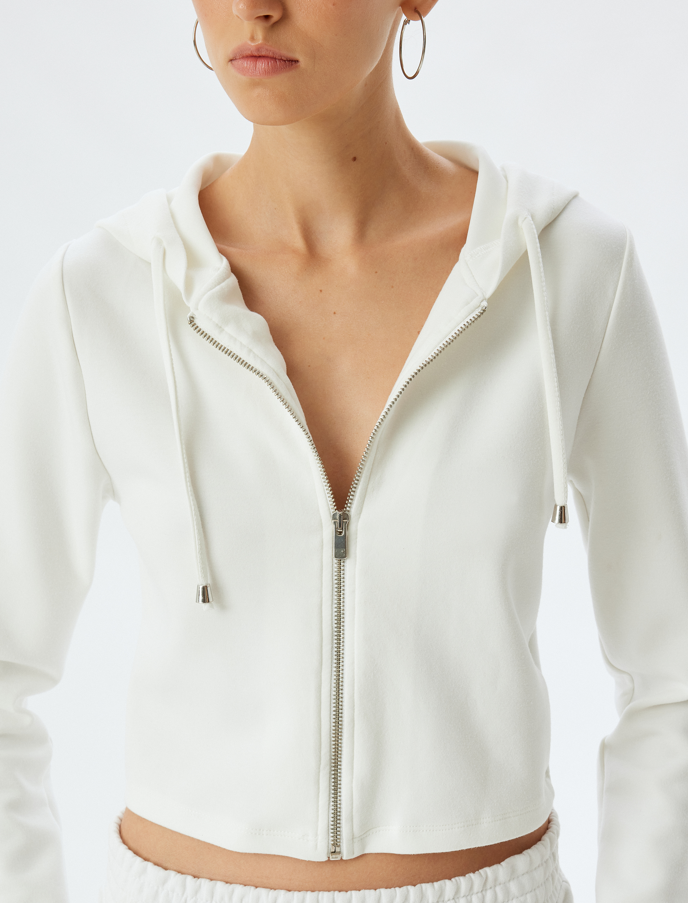   Viskon Basic Fermuarlı Kapüşonlu Crop Sweatshirt