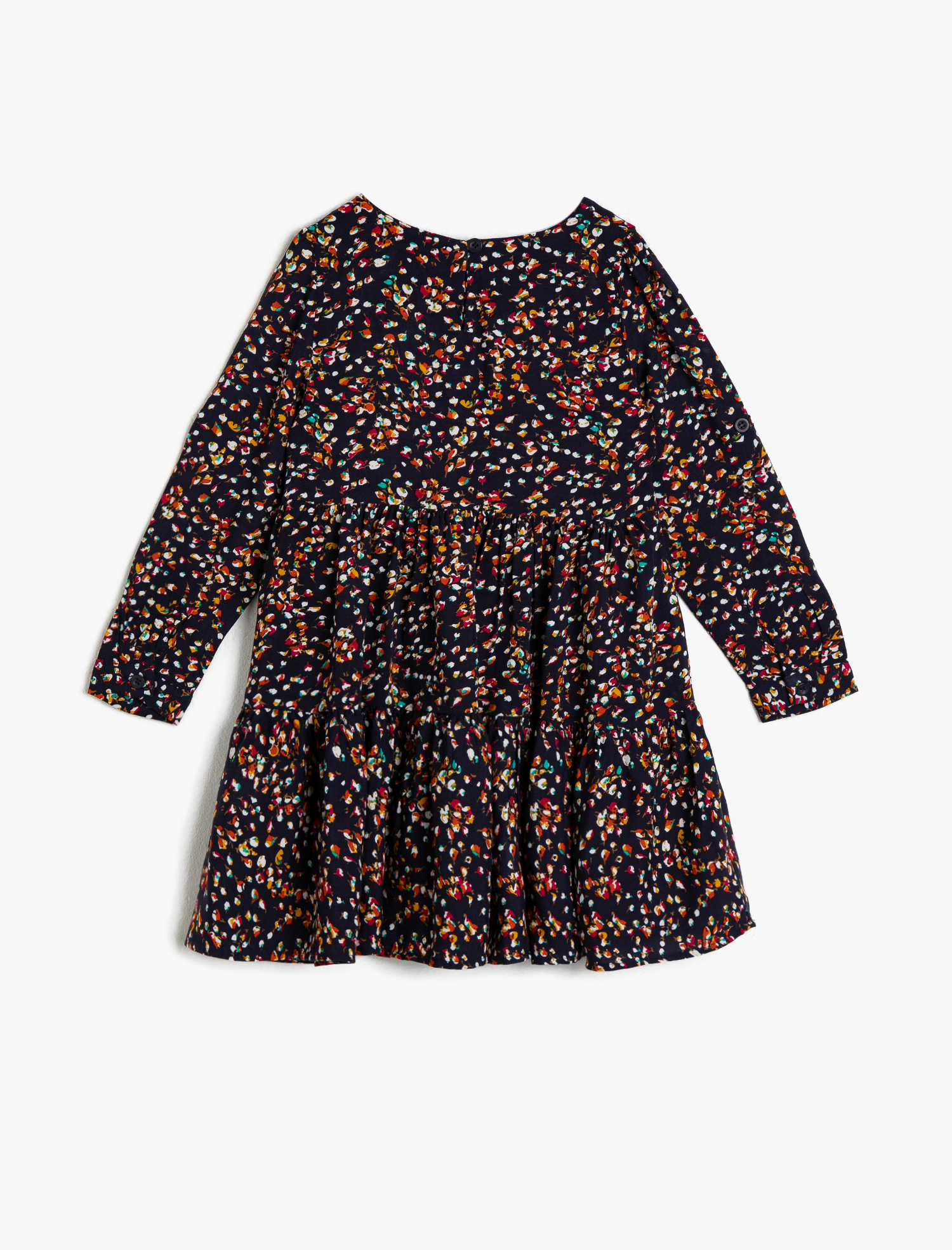  Kız Çocuk Çiçekli İnce Dökümlü Kumaştan Bol Kesim Büzgülü Orta Boy Elbise