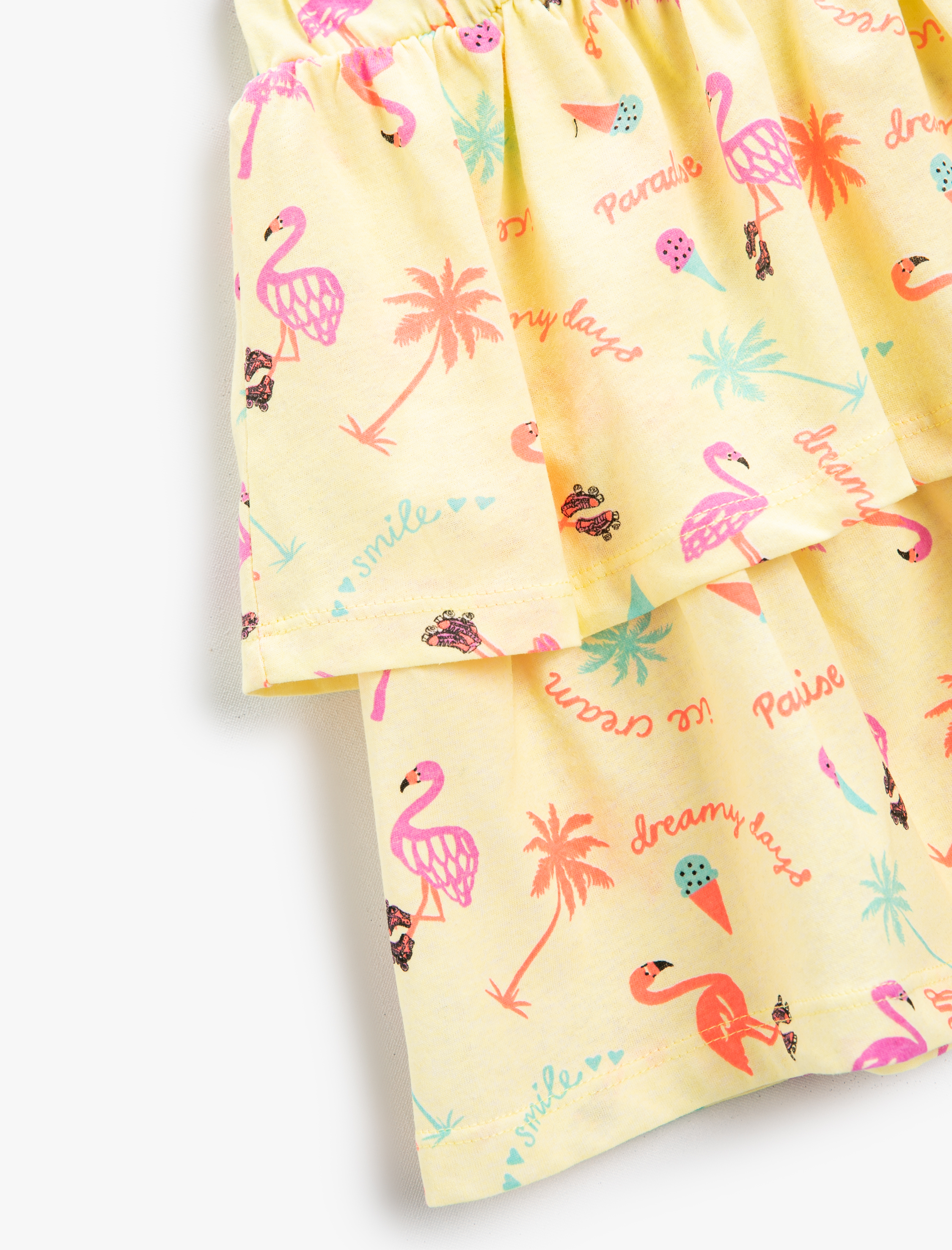  Kız Çocuk Yaz Temalı Flamingo ve Dondurma Baskılı Fırfırlı Mini Etek Pamuklu