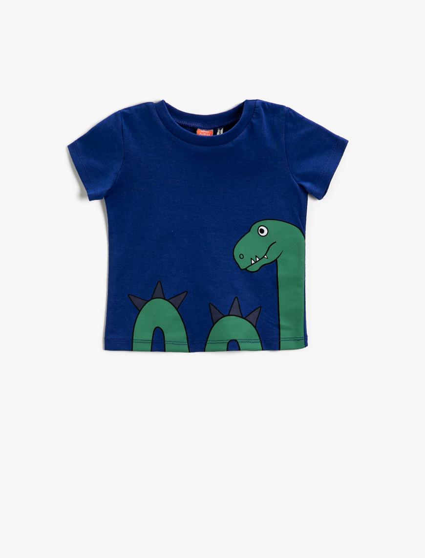  Erkek Bebek Dinozor Baskılı Kısa Kollu Tişört Pamuklu