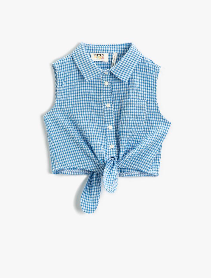 Kız Çocuk Bağlama Detaylı Kareli Gömlek Kolsuz