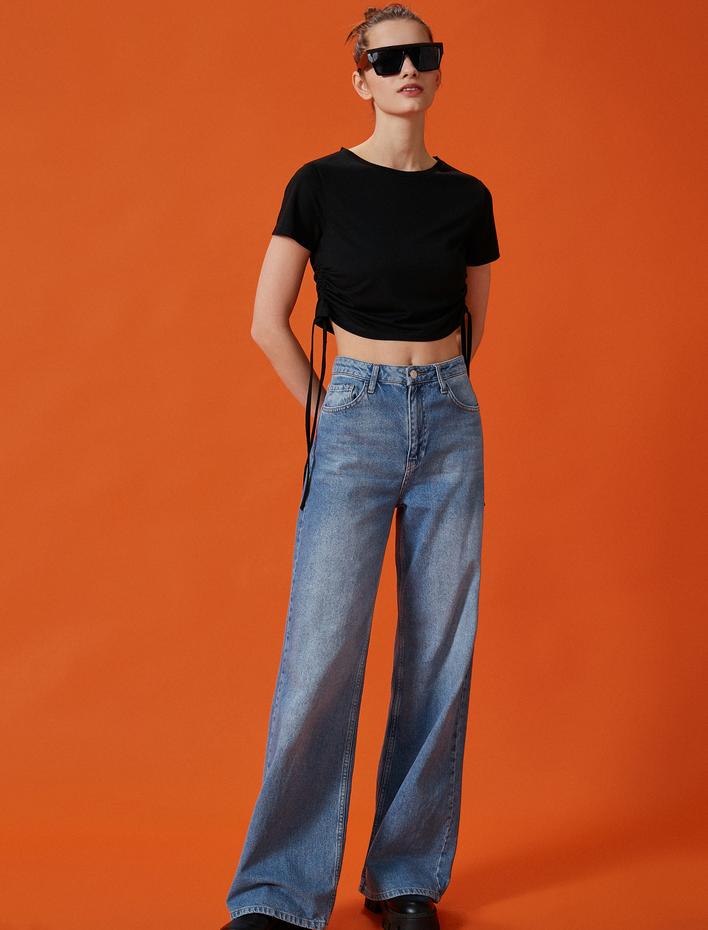  Crop Tişört Bağlamalı Bisiklet Yaka Kısa Kollu