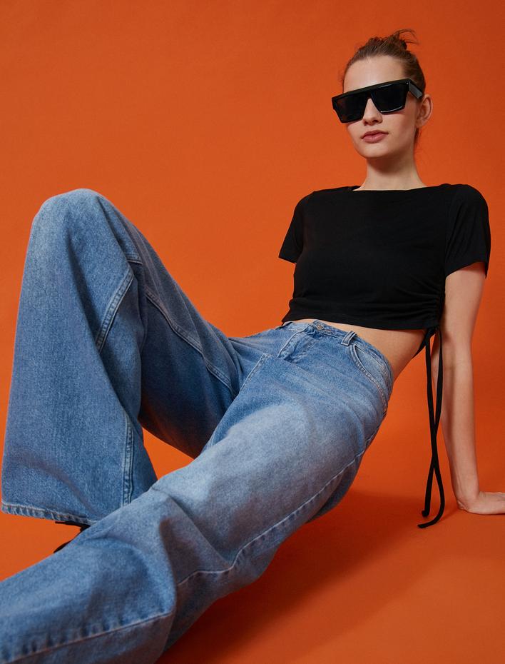  Crop Tişört Bağlamalı Bisiklet Yaka Kısa Kollu