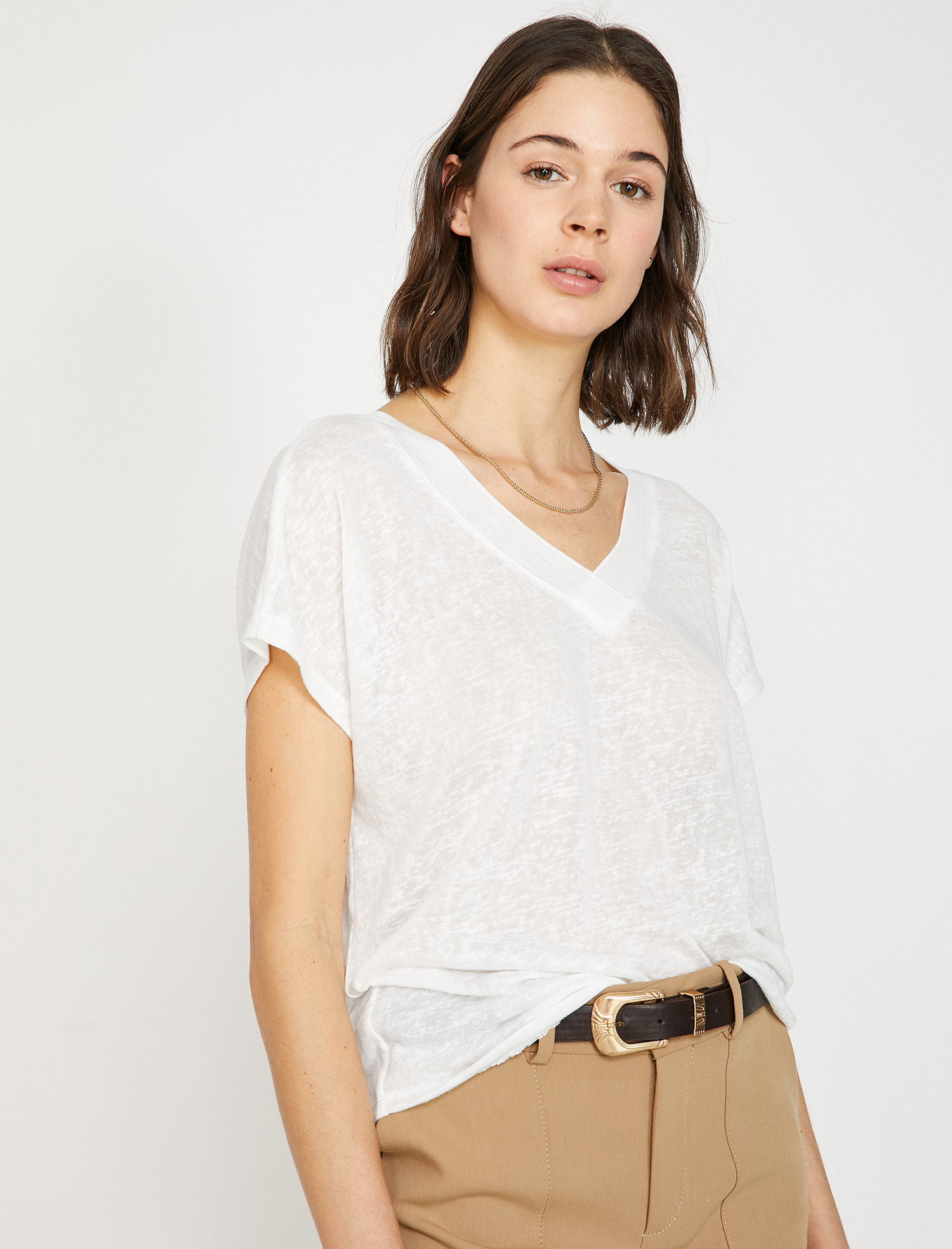   Keten Görünümlü V Yaka Tişört