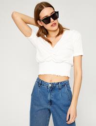 Crop Tişört V Yaka Kısa Kollu