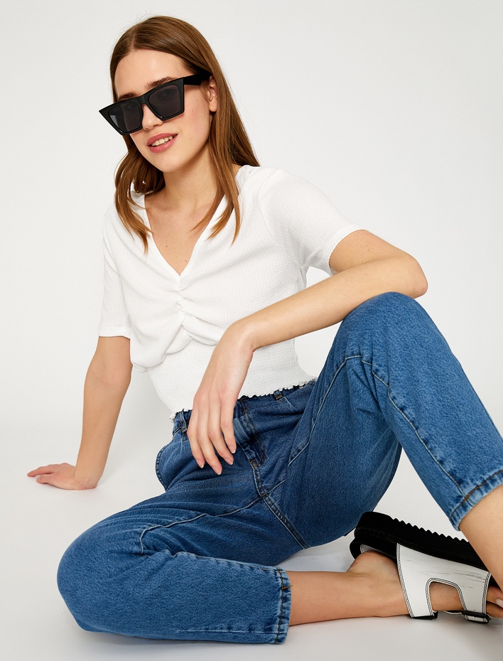  Crop Tişört V Yaka Kısa Kollu