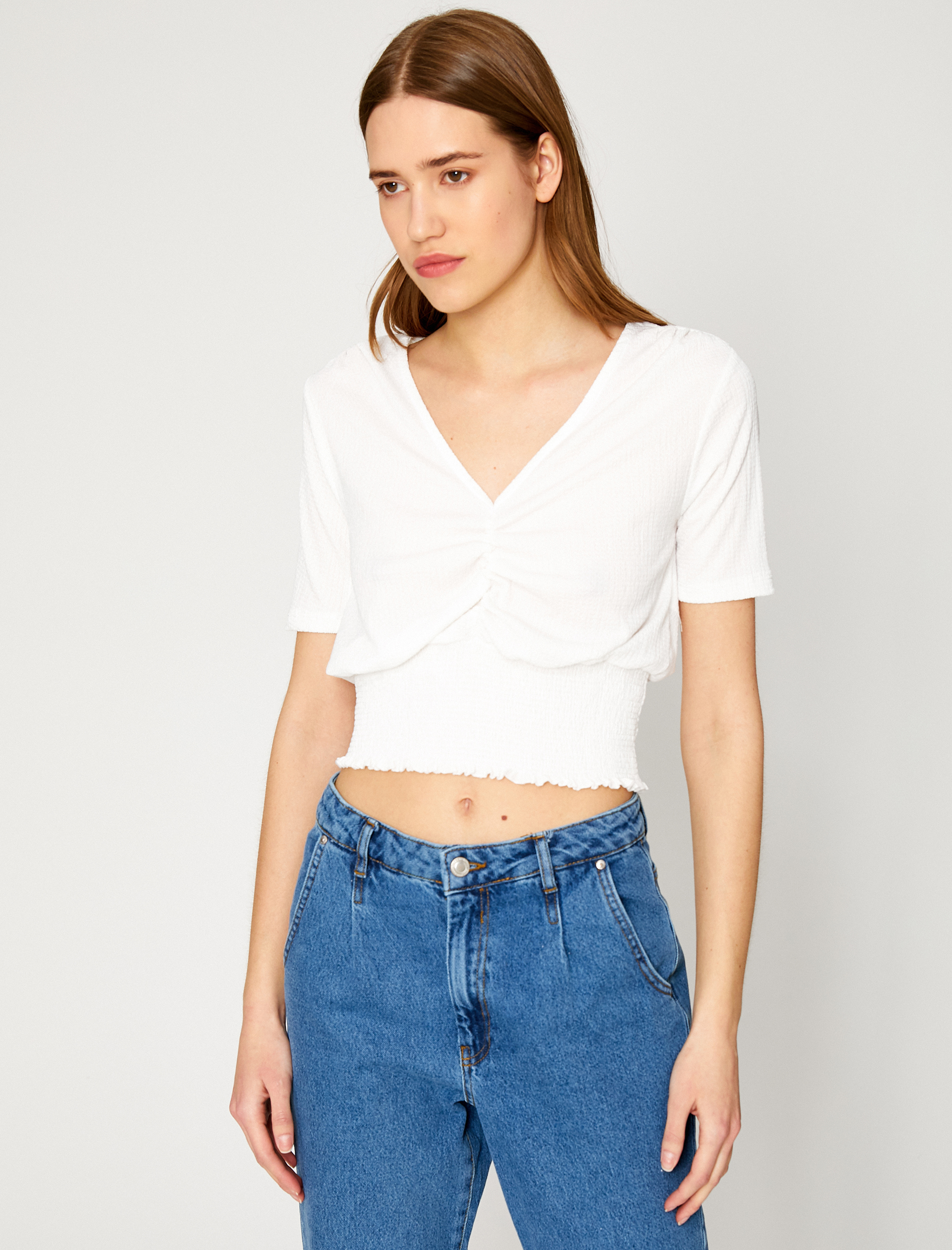   Crop Tişört V Yaka Kısa Kollu