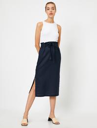 Beli Bağlamalı Yırtmaç Detaylı Midi Etek