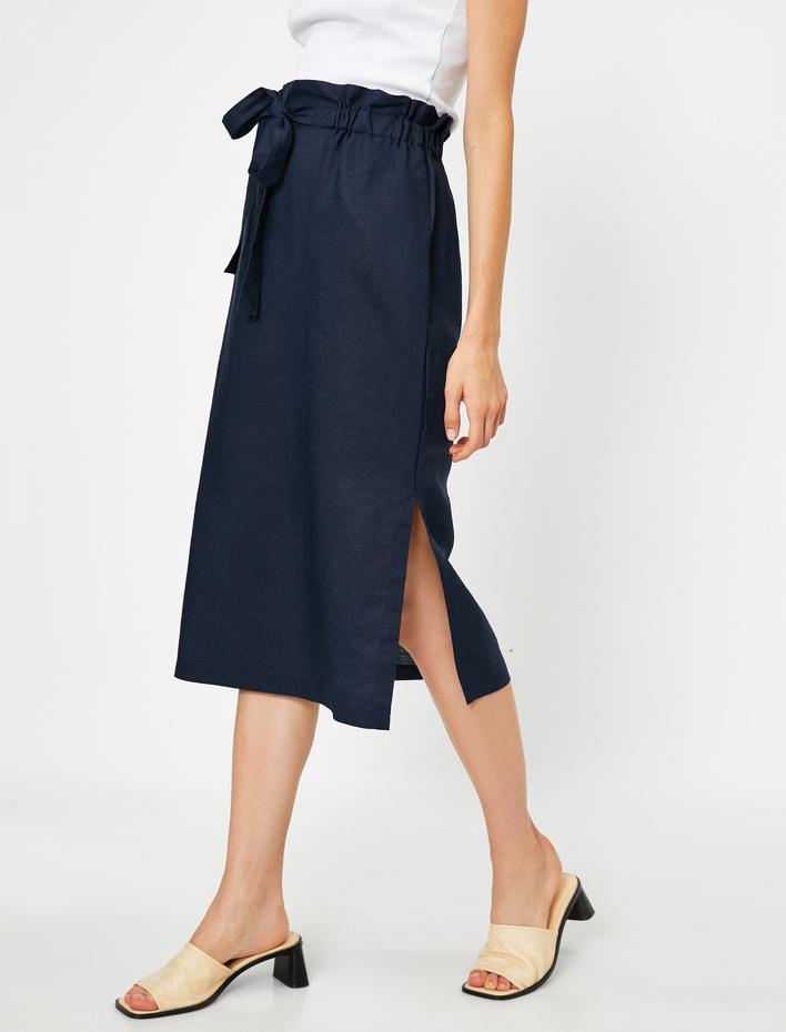  Beli Bağlamalı Yırtmaç Detaylı Midi Etek