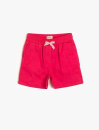 Poplin Kumaştan Cepli Süs Fiyonklu Beli Lastikli Kısa Şort