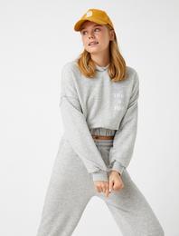 Beli Lastikli Kapüşonlu Baskılı Crop Sweatshirt