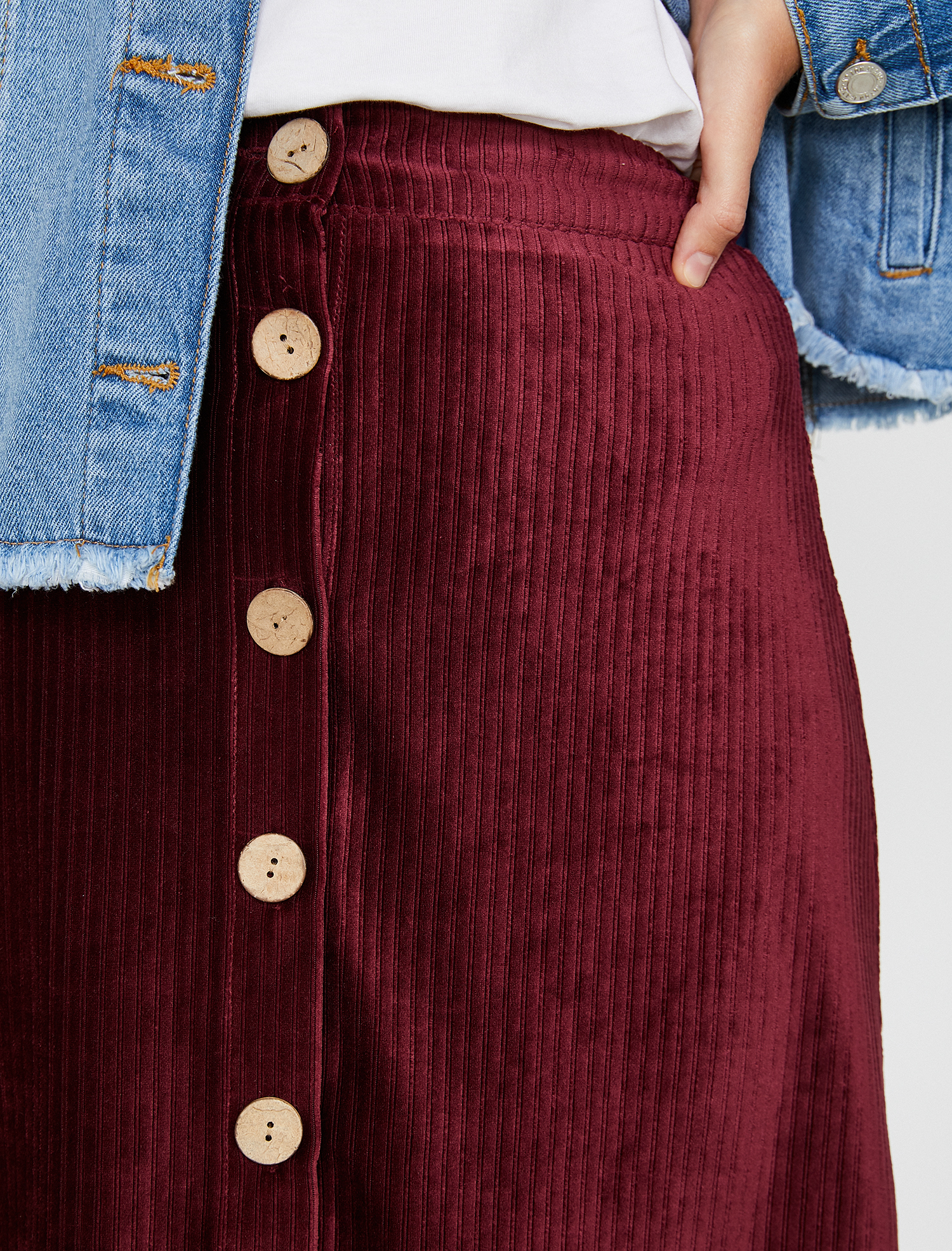 Düğme Detaylı Kadife Midi Etek