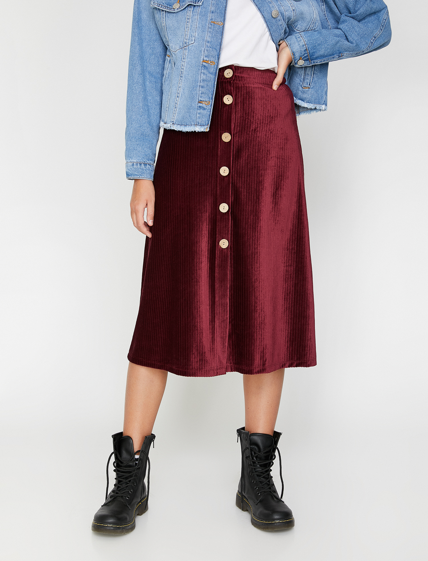 Düğme Detaylı Kadife Midi Etek