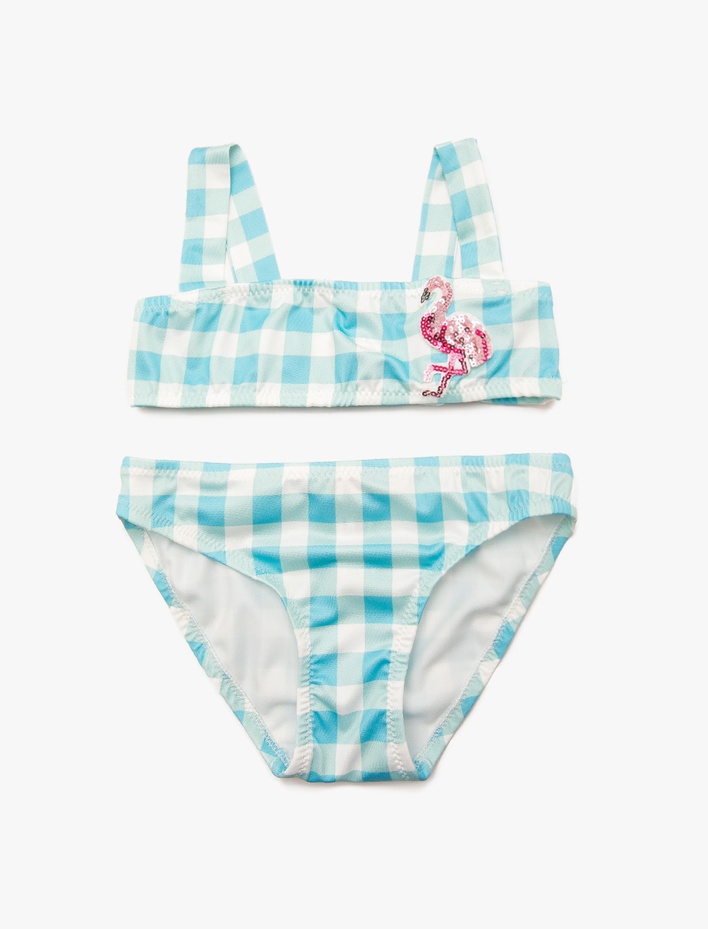 Kız Çocuk Bikini Takımı Kareli Kalın Askılı Flamingo Pul Payet İşleme Detaylı