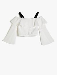 Dökümlü Gömlek Kumaşından Omzu Açık Fırfırlı Beli Lastikli Bluz