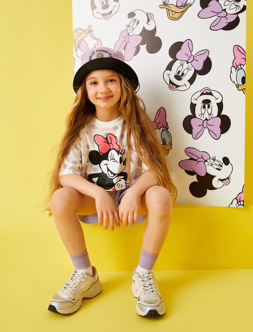  Kız Çocuk Puantiyeli Minnie Mouse Lisanslı Baskılı Kısa Kollu Tişört Pamuklu