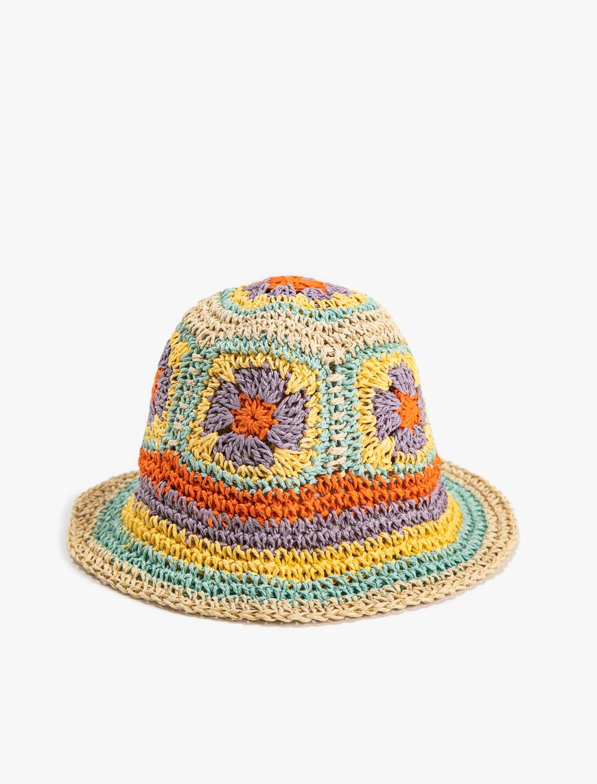  Kadın Bucket Hasır Şapka Çiçekli