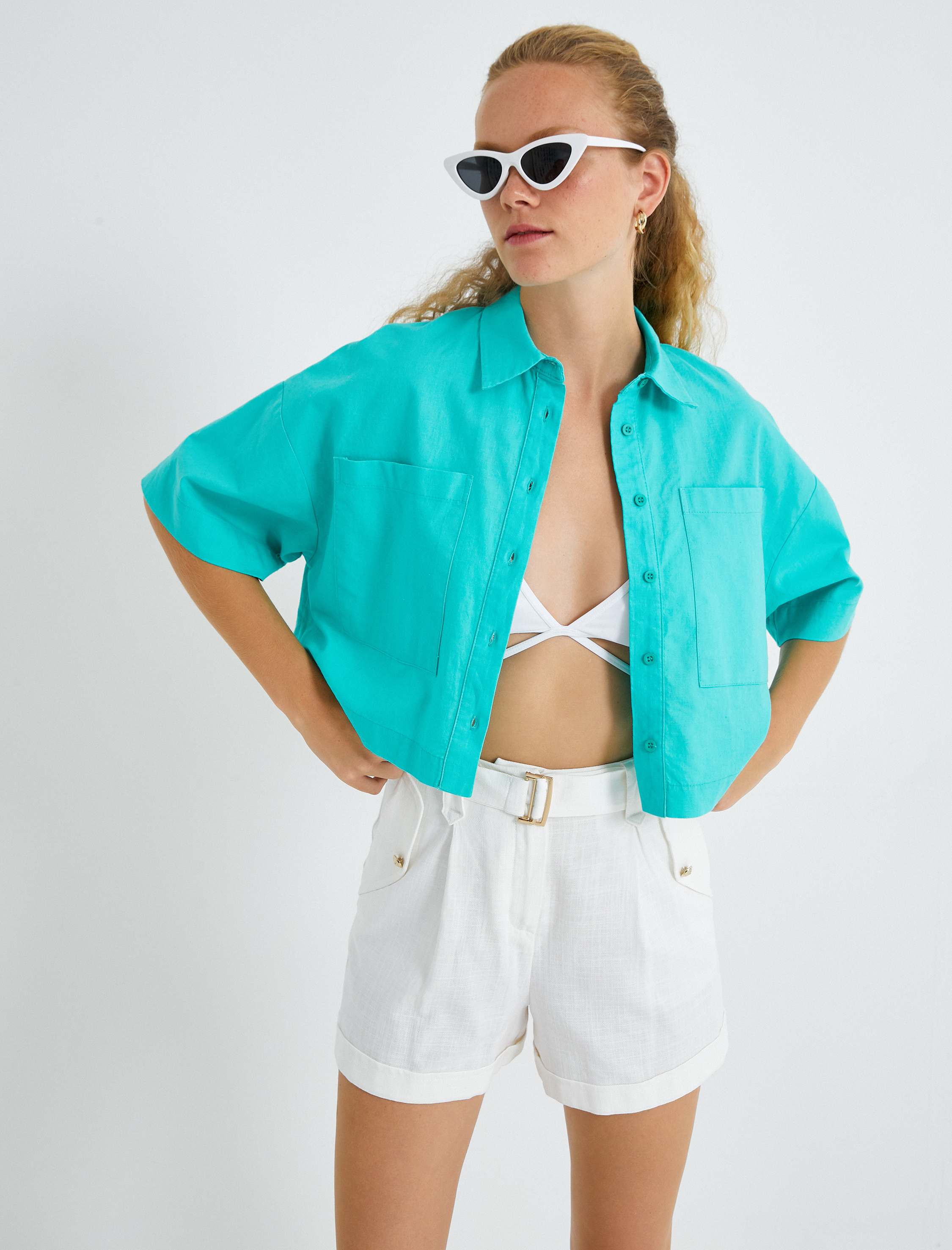   Oversize Crop Gömlek Keten Karışımlı