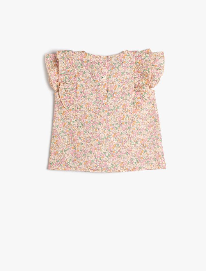 Kız Bebek Bluz Çiçekli Fırfırlı Yuvarlak Yaka Arkadan Düğme Kapamalı