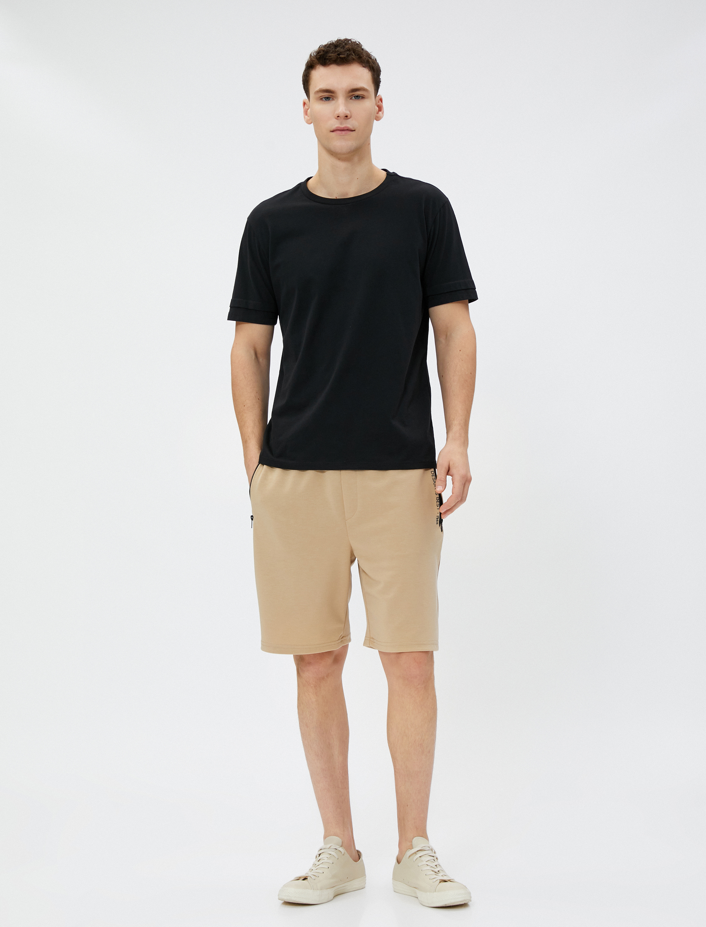   Bermuda Şort Slogan Baskılı Beli Bağcıklı Fermuar Cepli Dar Kesim