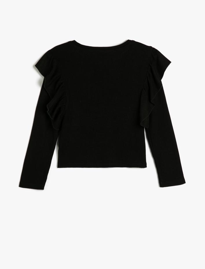 Kız Çocuk Tişört Uzun Kollu Bisiklet Yaka Fitilli Fırfırlı Pamuklu