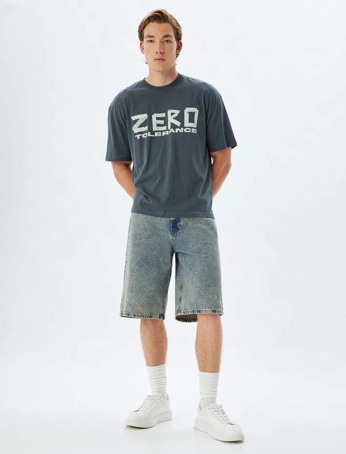  Oversize Tişört Slogan Baskılı Bisiklet Yaka Kısa Kollu Pamuklu