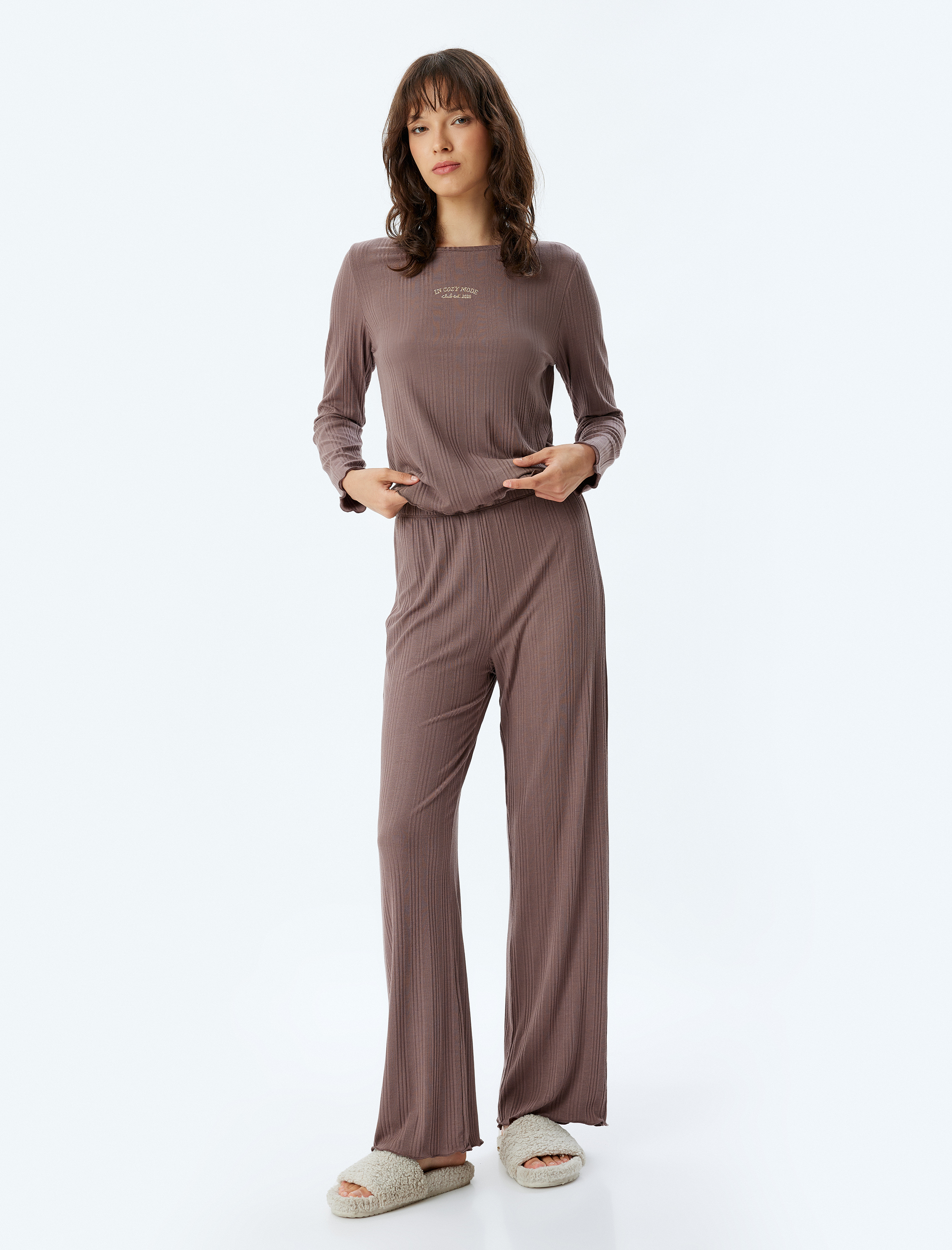 Örme Pijama Üstü Modal Kumaş Uzun Kollu Bisiklet Yaka