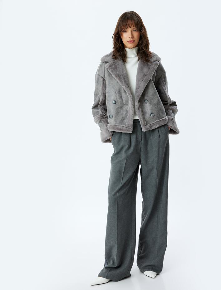  Suni Deri Ceket Suni Kürk Yaka Peluş Detaylı Kruvaze Cepli