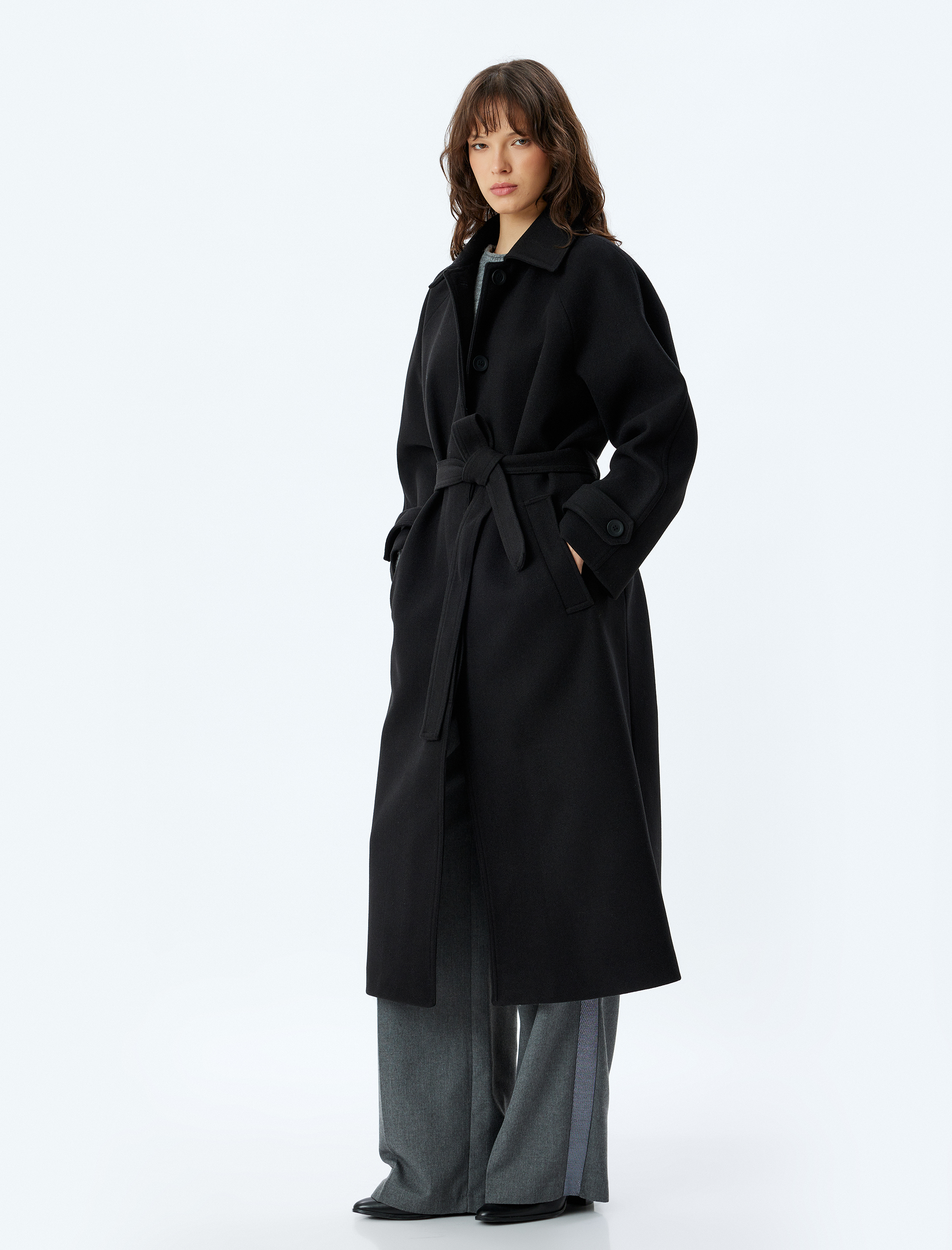   Düğmeli Cepli Kuşak Detaylı Ekstra Uzun Kaşe Kaban