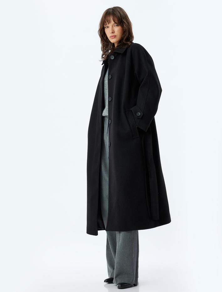  Düğmeli Cepli Kuşak Detaylı Ekstra Uzun Kaşe Kaban